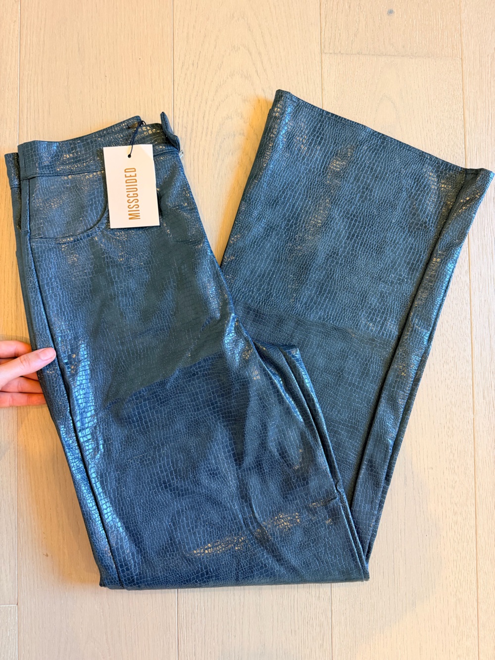 Missguided Croc Faux Leather Straight Leg Pants Blue Size 6 NWT